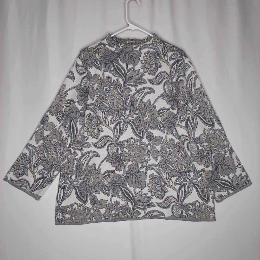 Chicos Sweater XL Gray Paisley Metallic Knit Zip- Back Mock Long Sleeve‎ Holiday